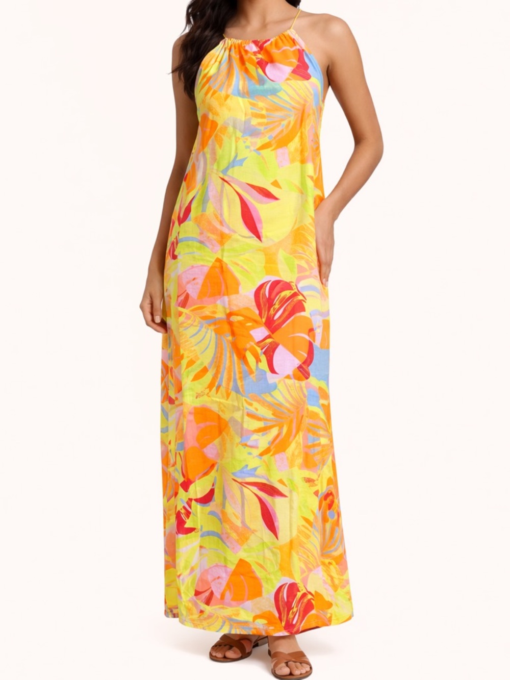 C&C California Tropical Maxi Dress Halter Linen Blend Medium